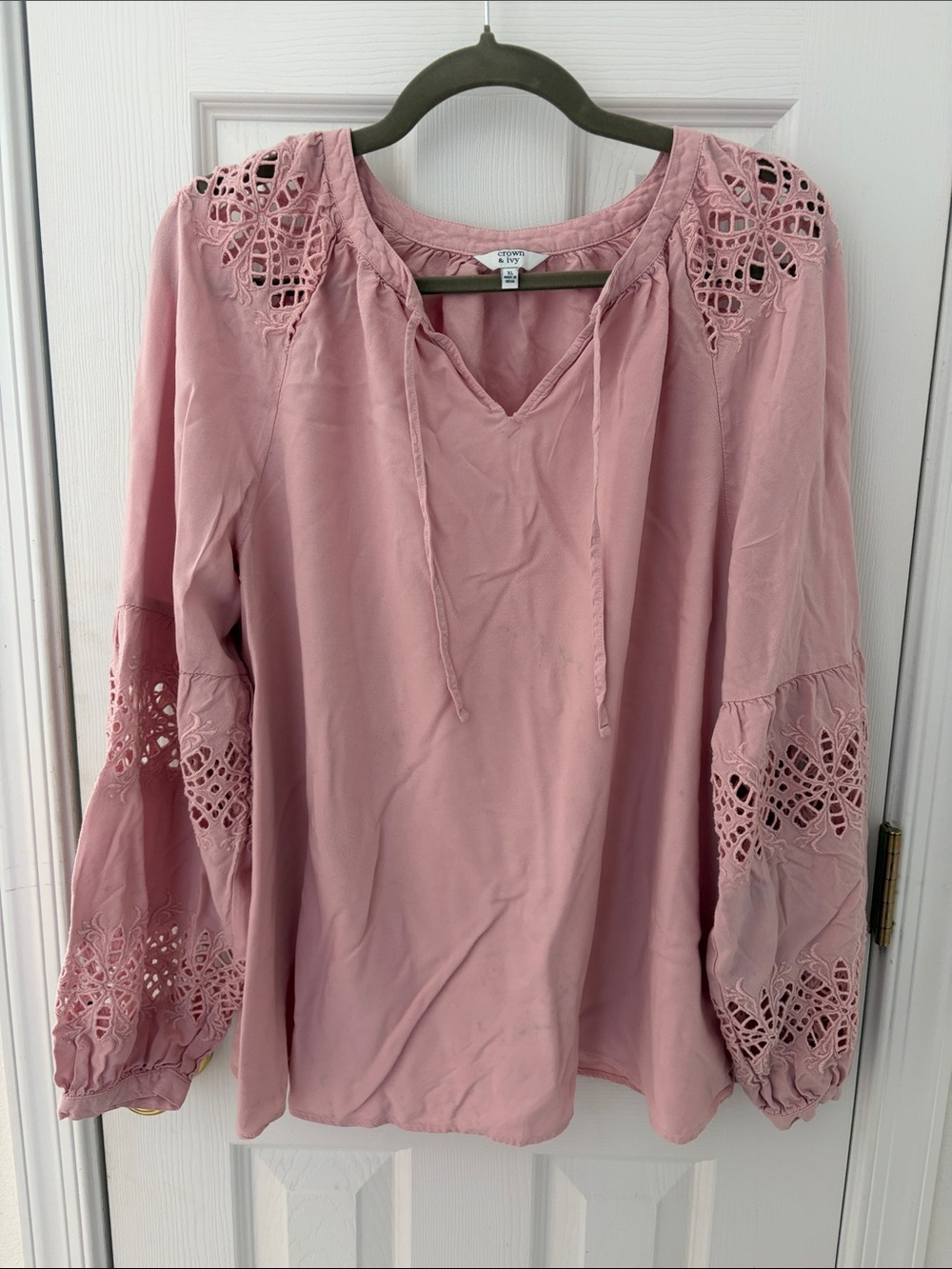 Women's Lace-Inset Pink Blouse with Tie Neck